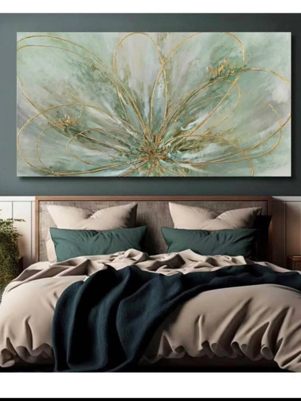 YJYart Abstract Wall Art Green and Gold Hand Painted Oil Painting Blossom Botani
